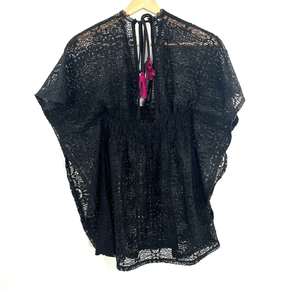 whimsigoth lace‎ poncho style swim cover-up tropical resort black beach pool S